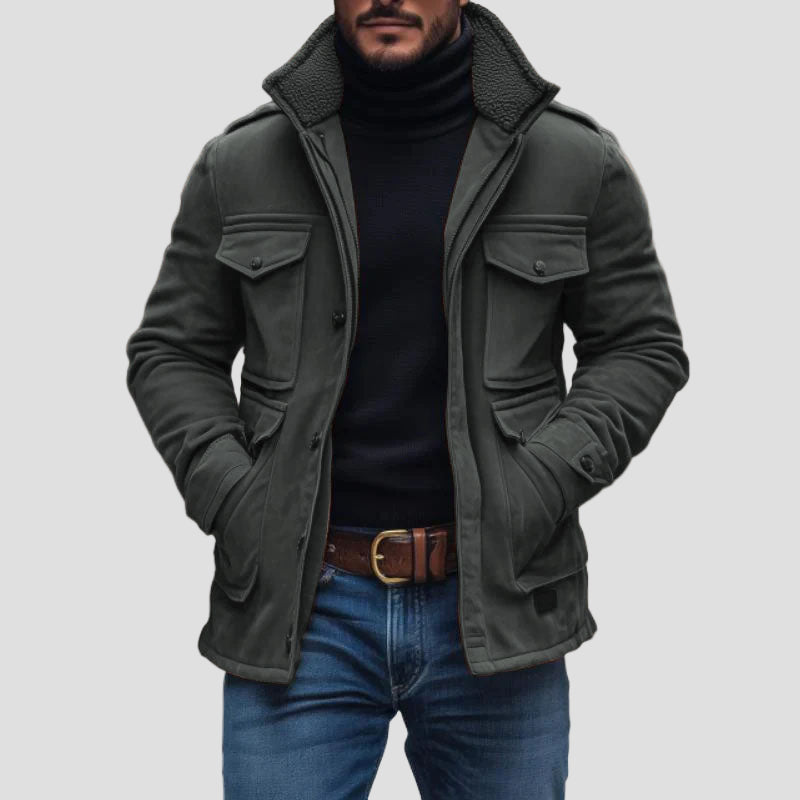 Sebastian | Vintage zamszowy płaszcz z kołnierzem z polaru, patchworkiem i kieszeniami