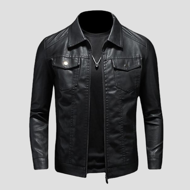 Men’s Leather Biker Jacket with Collar
