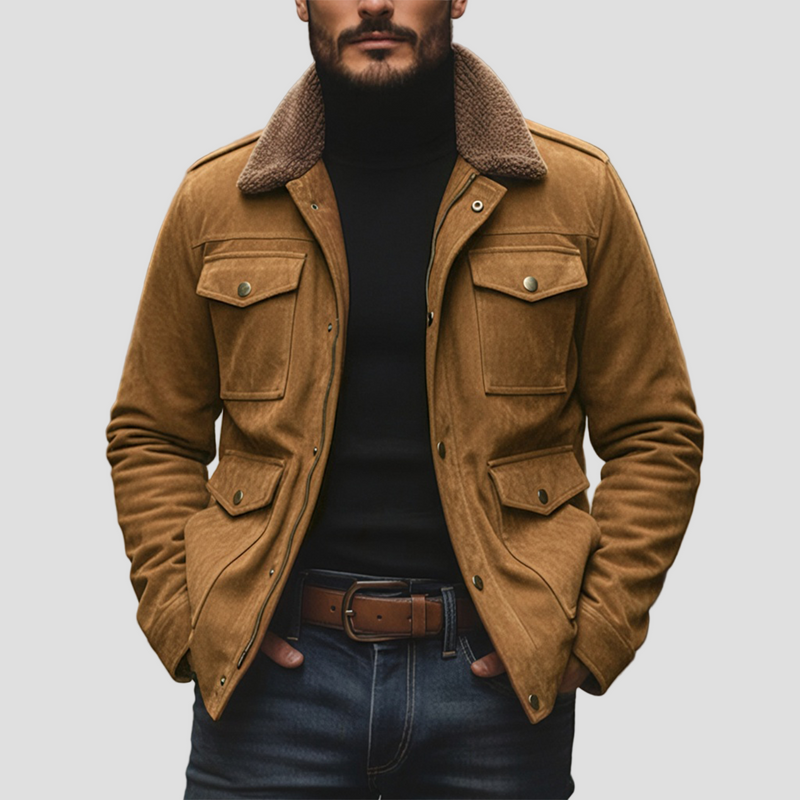 Sebastian | Vintage zamszowy płaszcz z kołnierzem z polaru, patchworkiem i kieszeniami