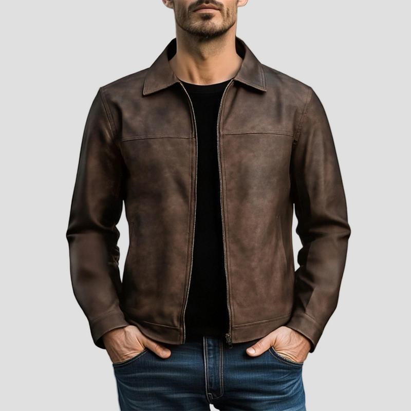 Classic Leather Jacket with Zip