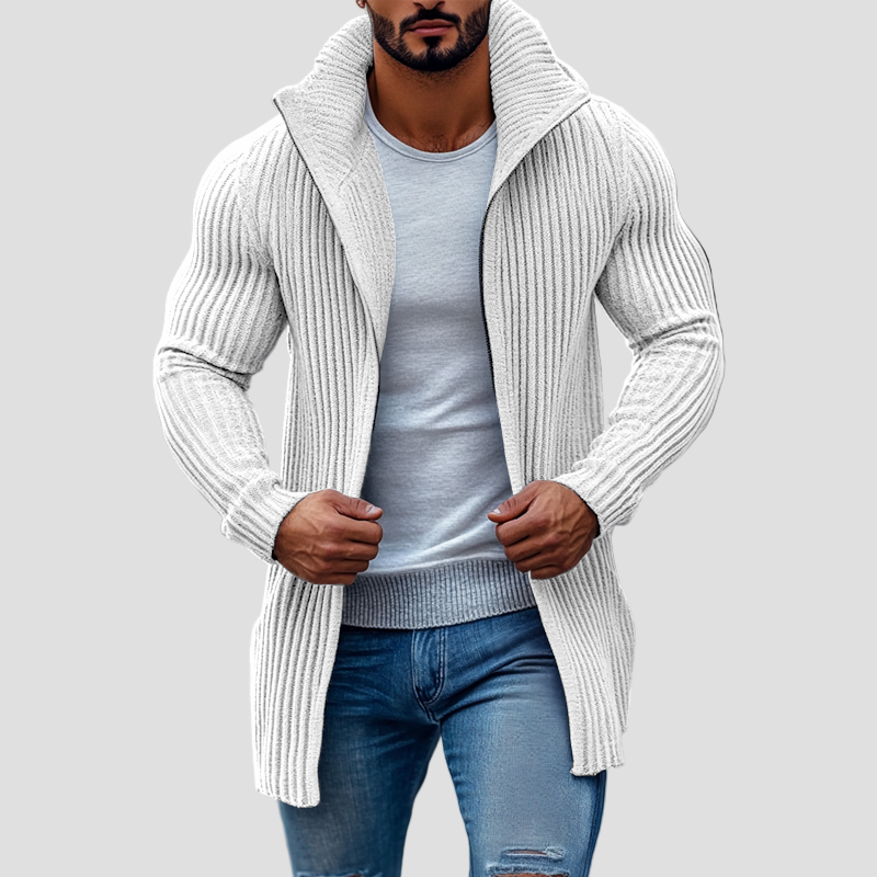 Knitted Cardigan with Ribbed Stand Collar