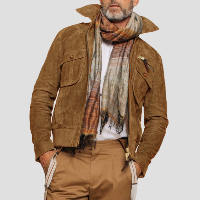 Retro Suede Jacket with Collar and Zip