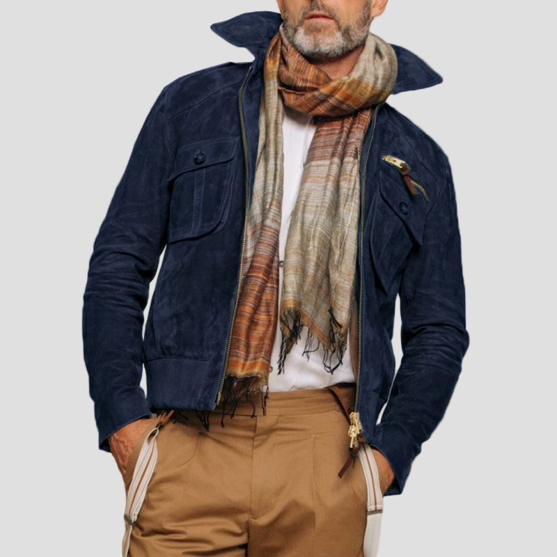 Retro Suede Jacket with Collar and Zip