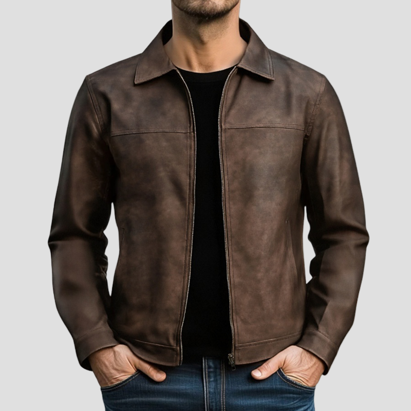 Classic Leather Jacket with Zip