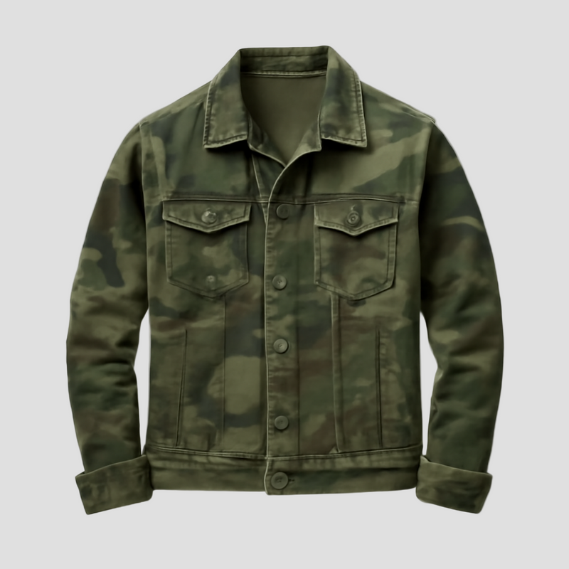 Retro Canvas Jacket with Collar and Camouflage