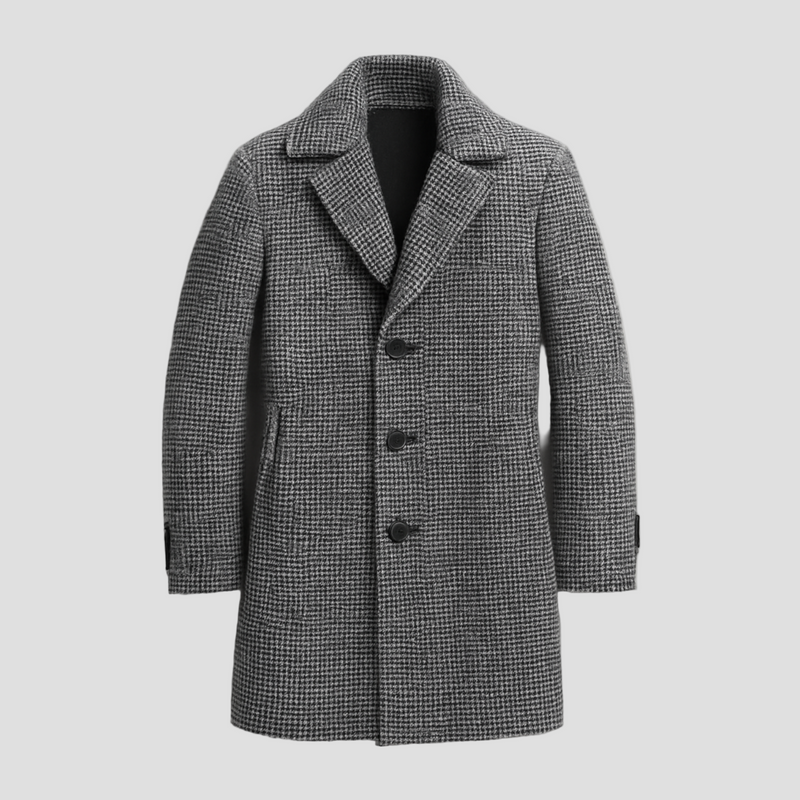 Mid-Length Classic Houndstooth Coat with Collar and Buttons
