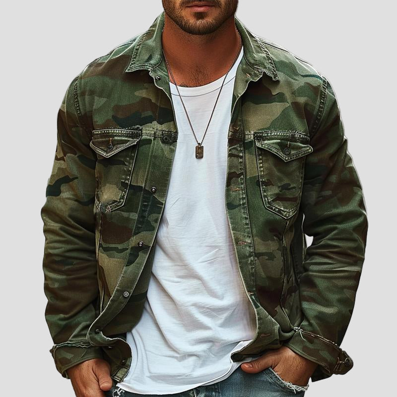 Retro Canvas Jacket with Collar and Camouflage
