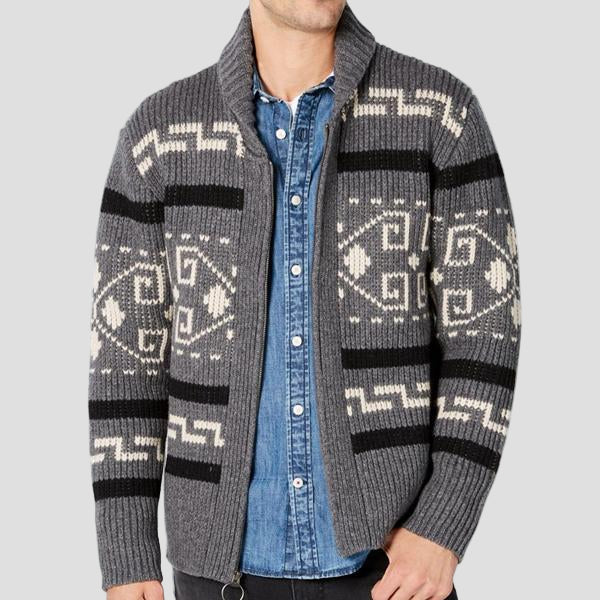 Geometric Knitted Cardigan with Shawl Collar