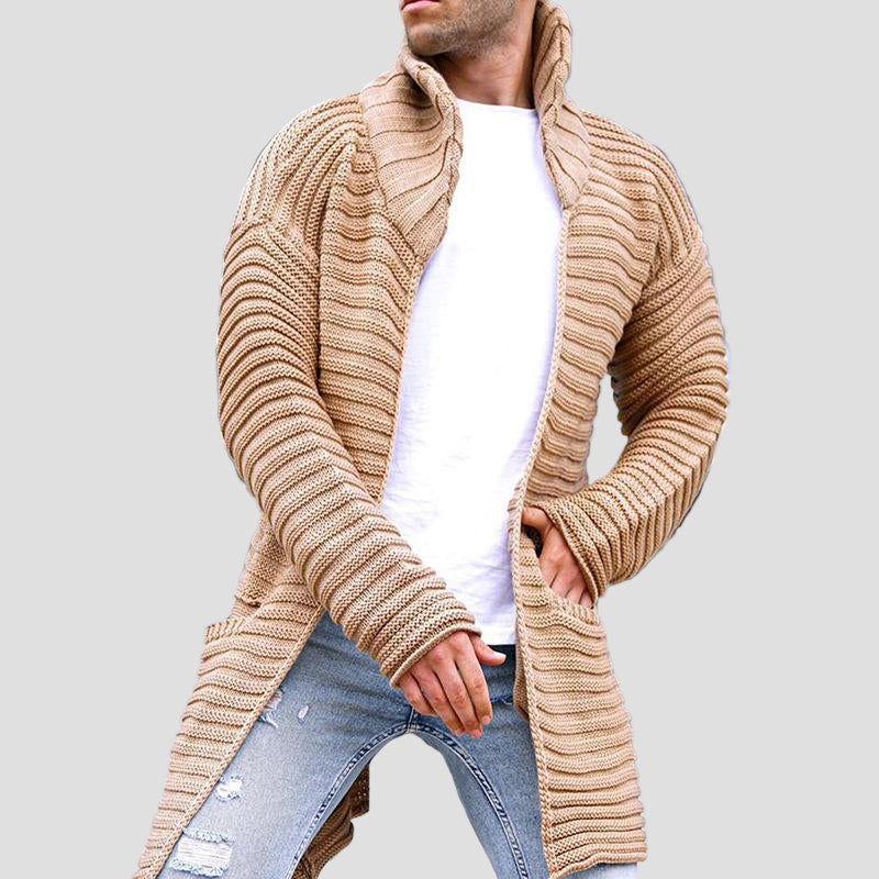 Mid-Length Knitted Cardigan with Stand Collar