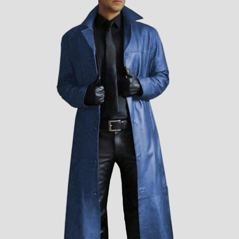 Vintage Solid-Colour Leather Trench Coat with Collar