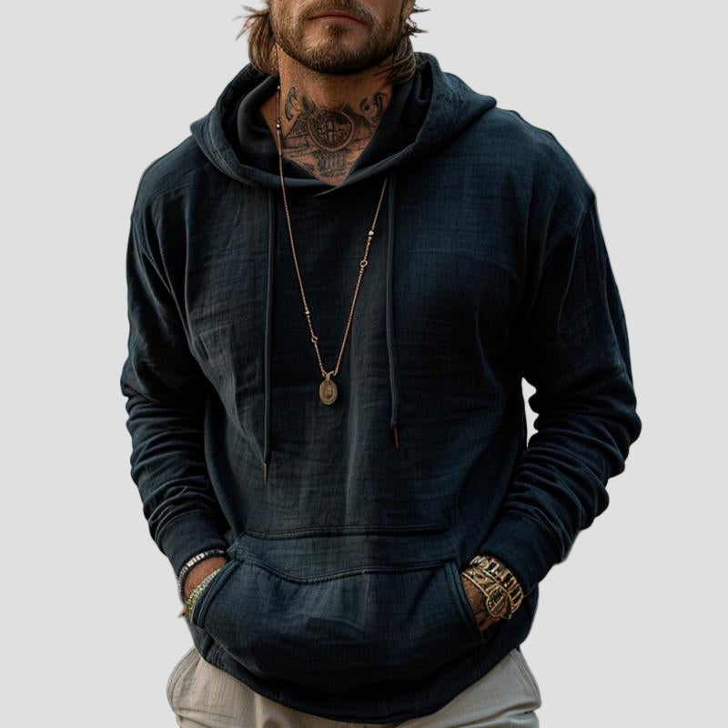 Men’s Retro Solid Hoodie with Kangaroo Pocket