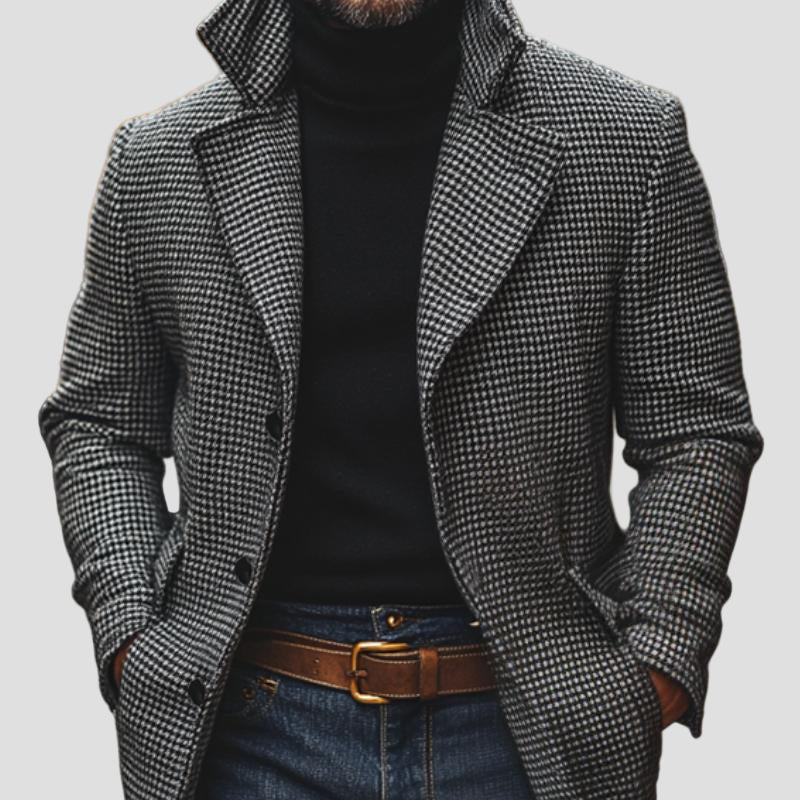 Mid-Length Classic Houndstooth Coat with Collar and Buttons