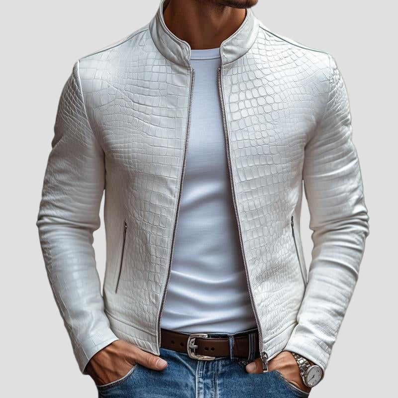 Slim-Fit Leather Jacket with Stand Collar