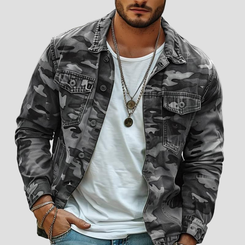 Retro Canvas Jacket with Collar and Camouflage