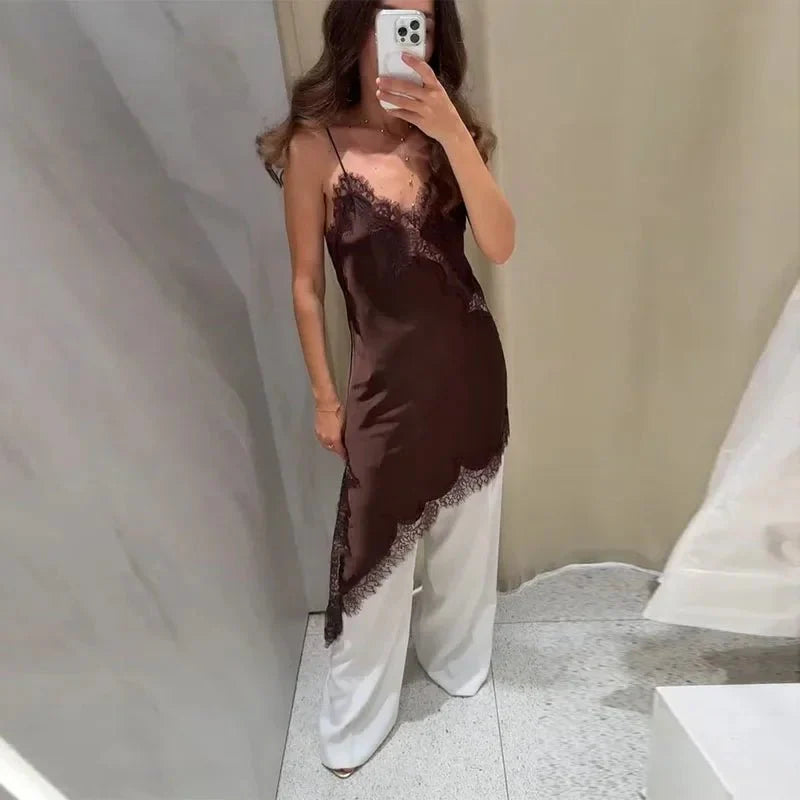 Pia Asymmetric Satin Lace Cocktail Dress