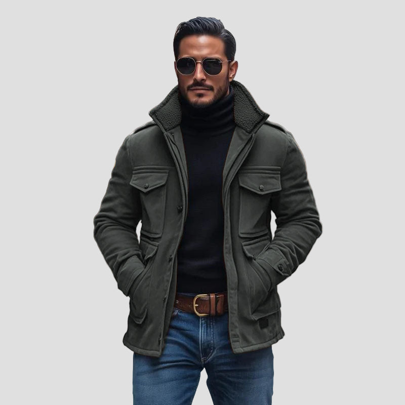 Sebastian | Vintage zamszowy płaszcz z kołnierzem z polaru, patchworkiem i kieszeniami