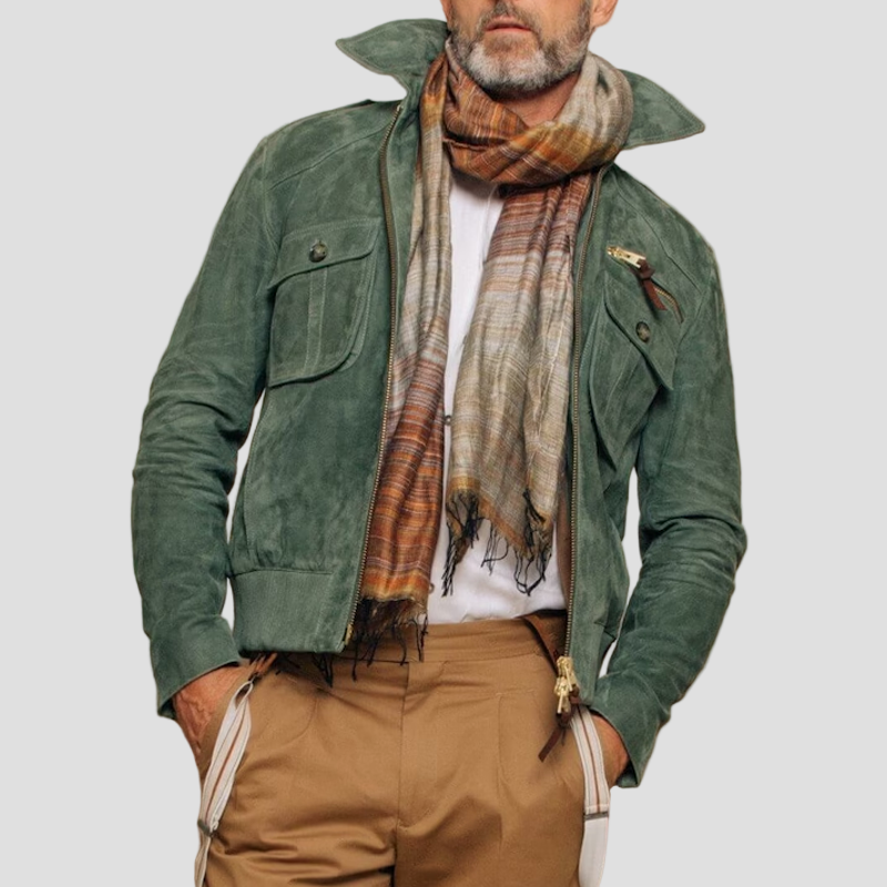 Retro Suede Jacket with Collar and Zip