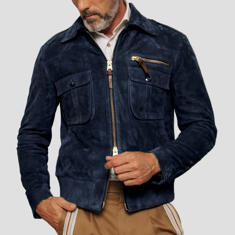 Retro Suede Jacket with Collar and Zip