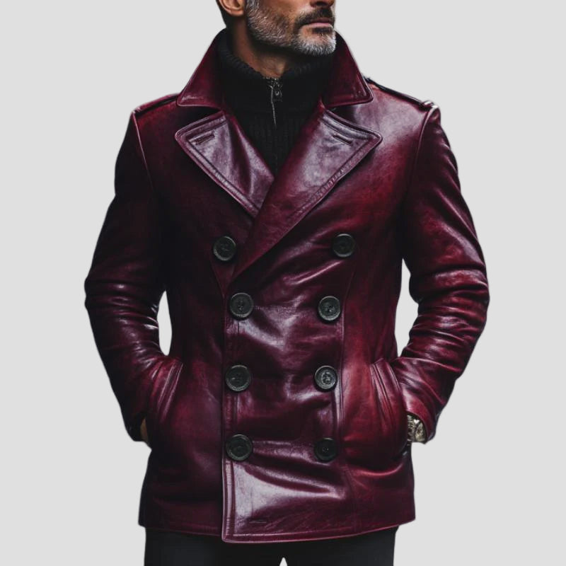Vintage Slim-Fit Double-Breasted Leather Coat with Collar