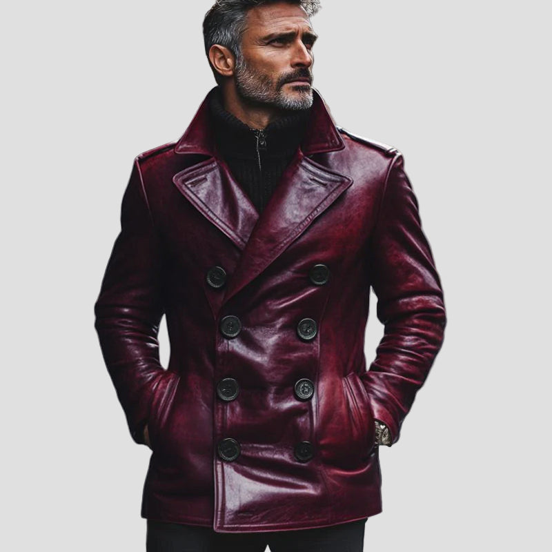 Vintage Slim-Fit Double-Breasted Leather Coat with Collar