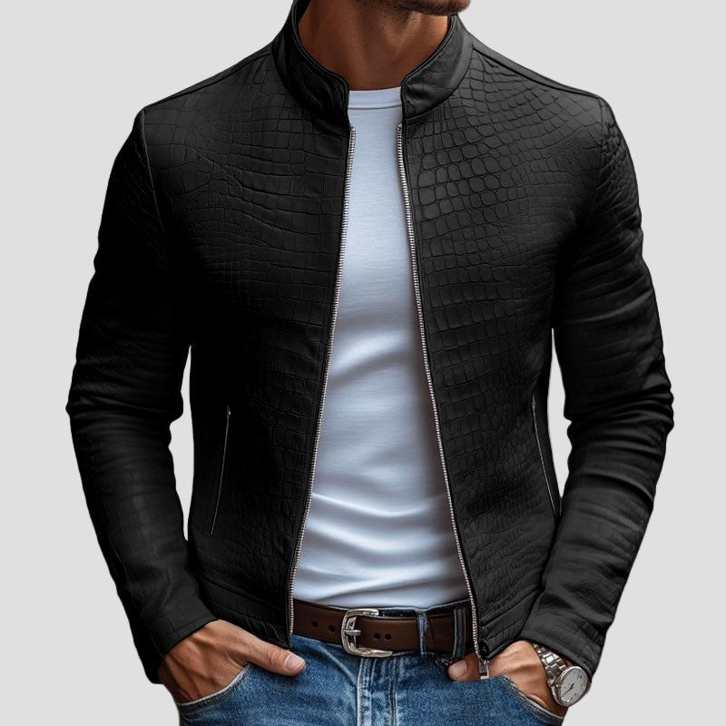 Slim-Fit Leather Jacket with Stand Collar