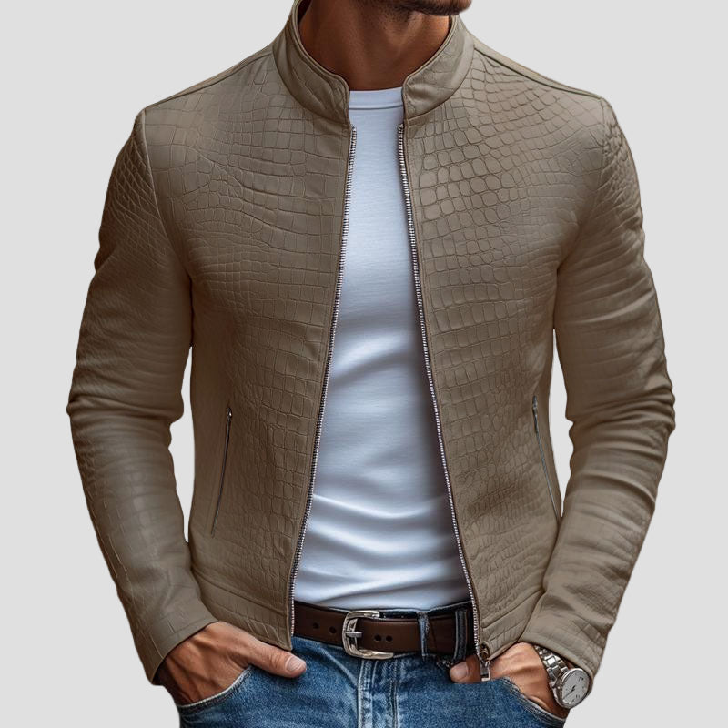 Slim-Fit Leather Jacket with Stand Collar