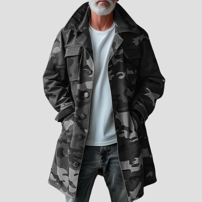 Men’s Camouflage Trench Coat with Chest Pocket