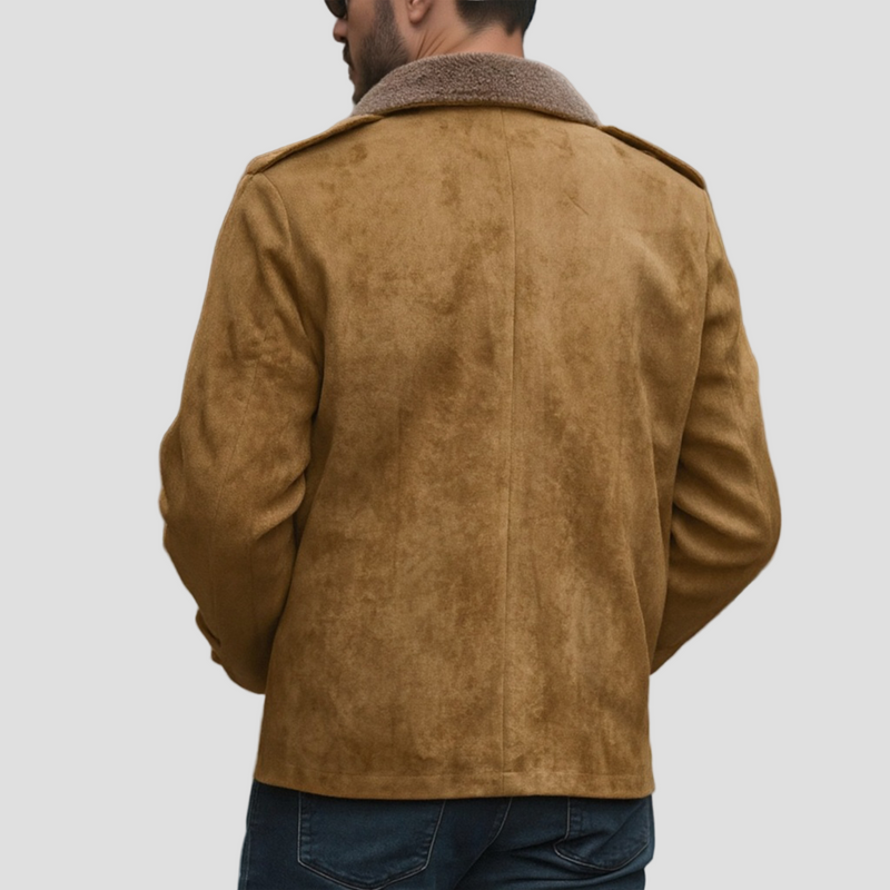 Sebastian | Vintage zamszowy płaszcz z kołnierzem z polaru, patchworkiem i kieszeniami