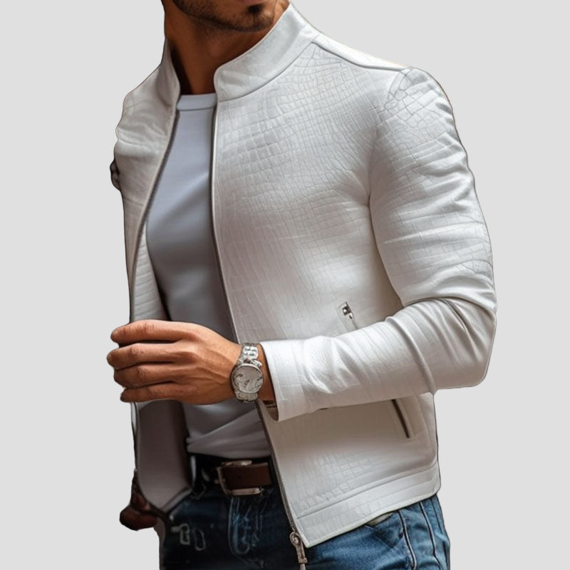 Slim-Fit Leather Jacket with Stand Collar