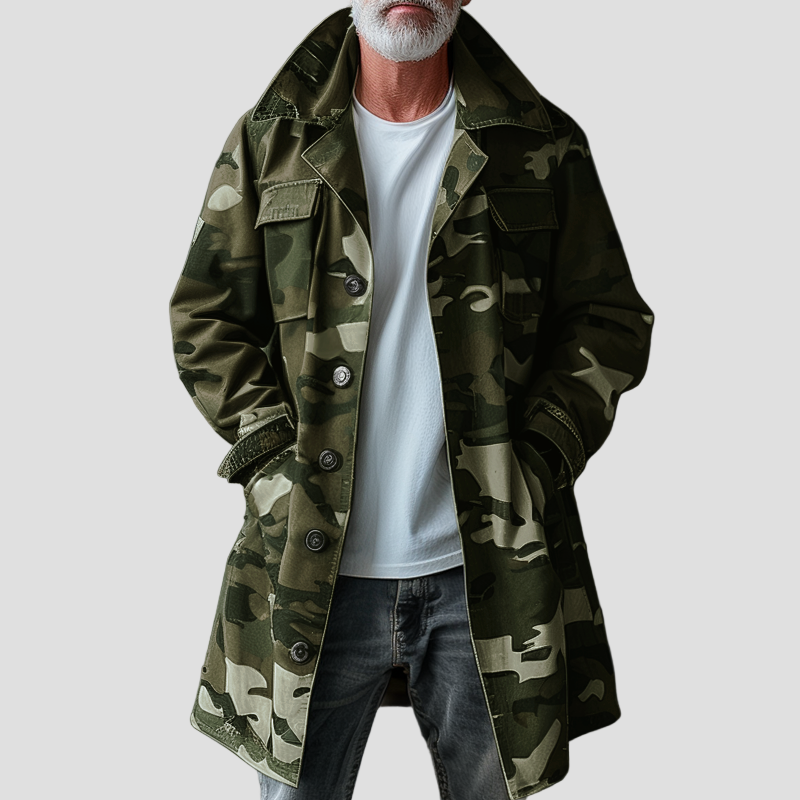 Men’s Camouflage Trench Coat with Chest Pocket