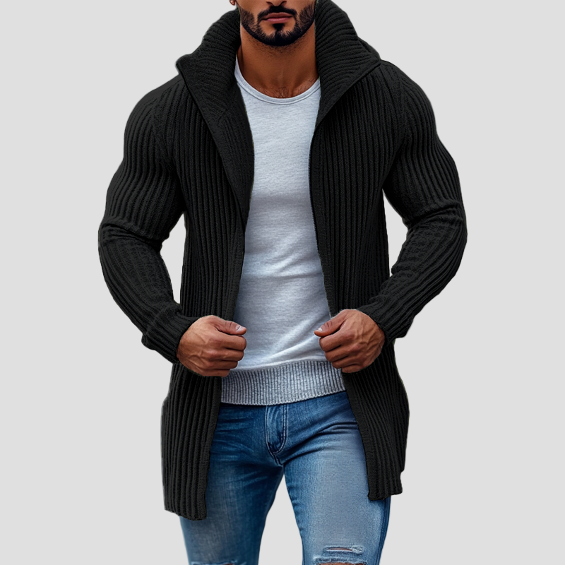 Knitted Cardigan with Ribbed Stand Collar