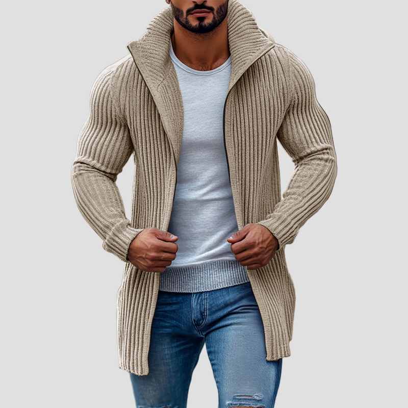 Knitted Cardigan with Ribbed Stand Collar