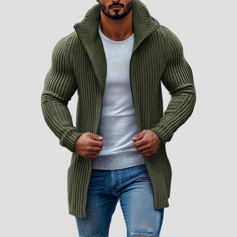 Knitted Cardigan with Ribbed Stand Collar