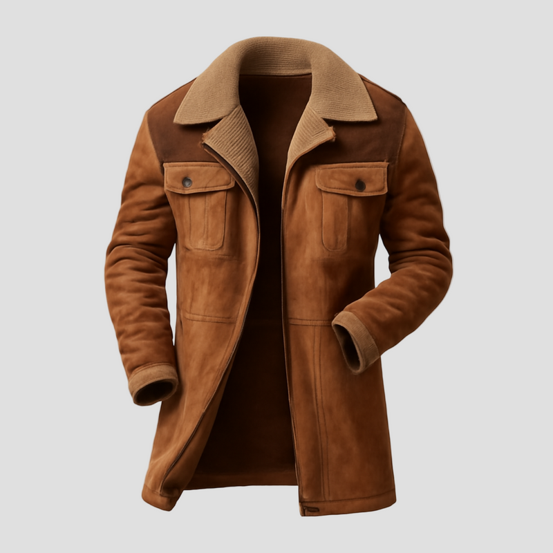 Two-Tone Suede and Fleece Coat with Collar