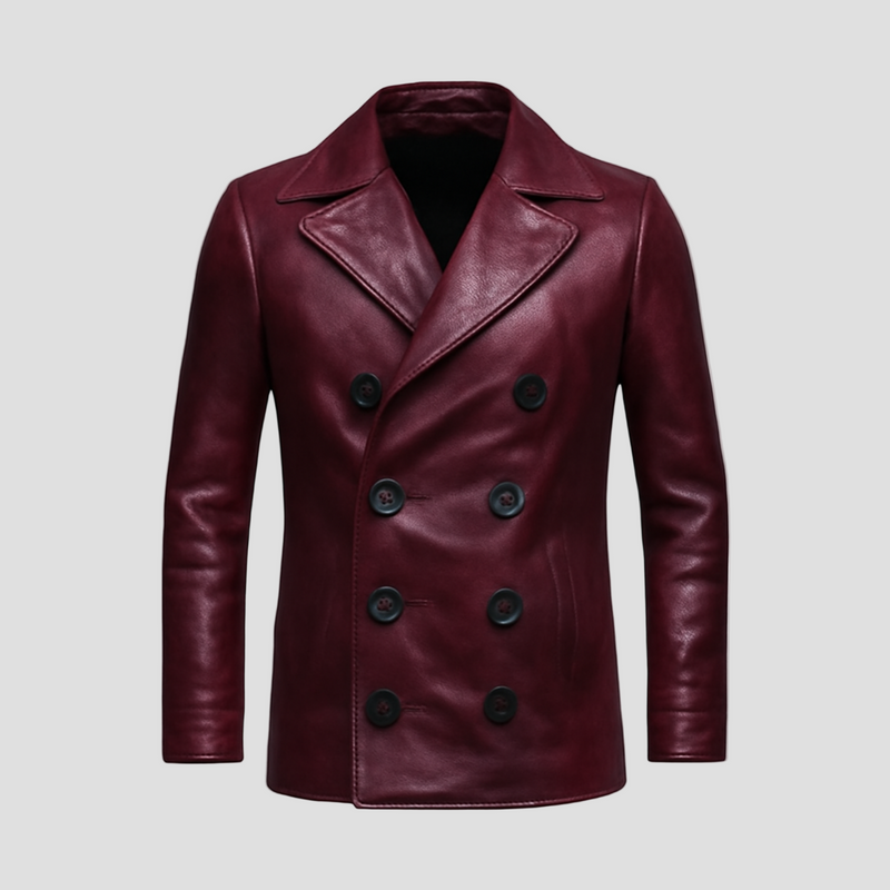 Vintage Slim-Fit Double-Breasted Leather Coat with Collar
