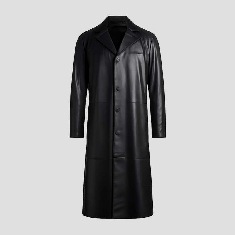 Vintage Solid-Colour Leather Trench Coat with Collar