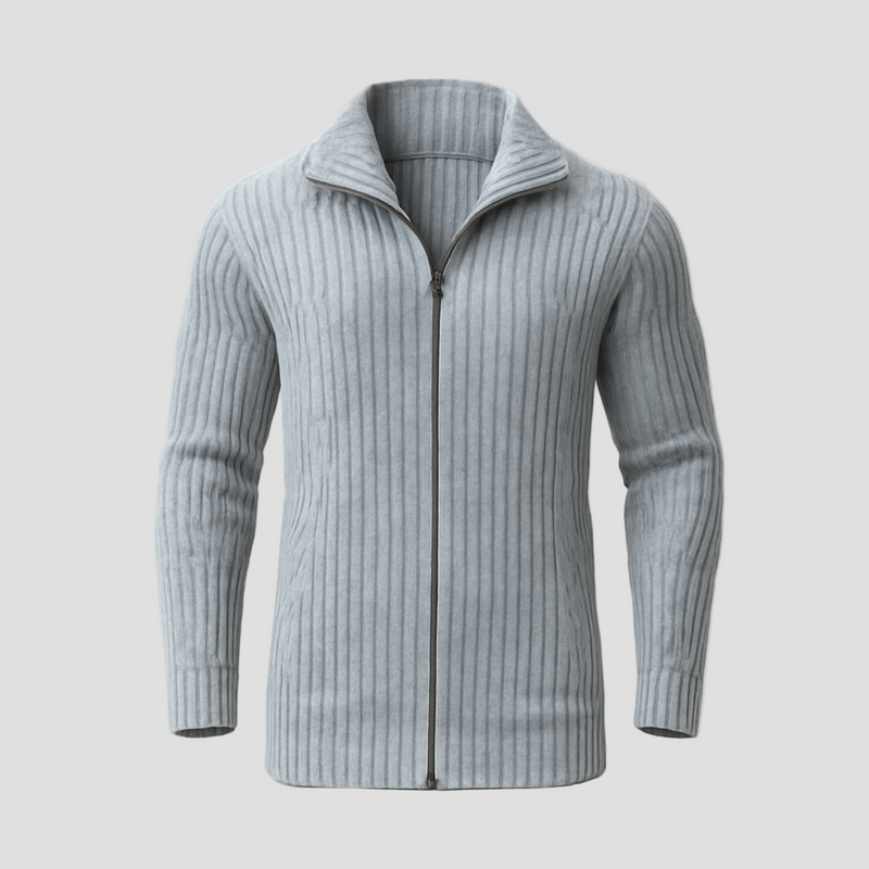 Knitted Cardigan with Ribbed Stand Collar