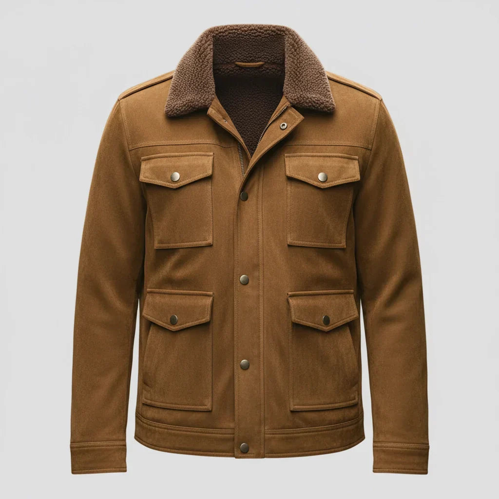 Sebastian | Vintage zamszowy płaszcz z kołnierzem z polaru, patchworkiem i kieszeniami