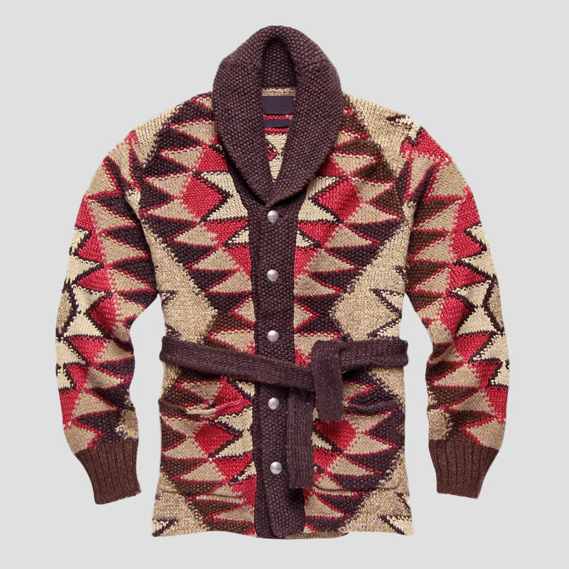 Geometric Jacquard Knitted Cardigan with Drawstring