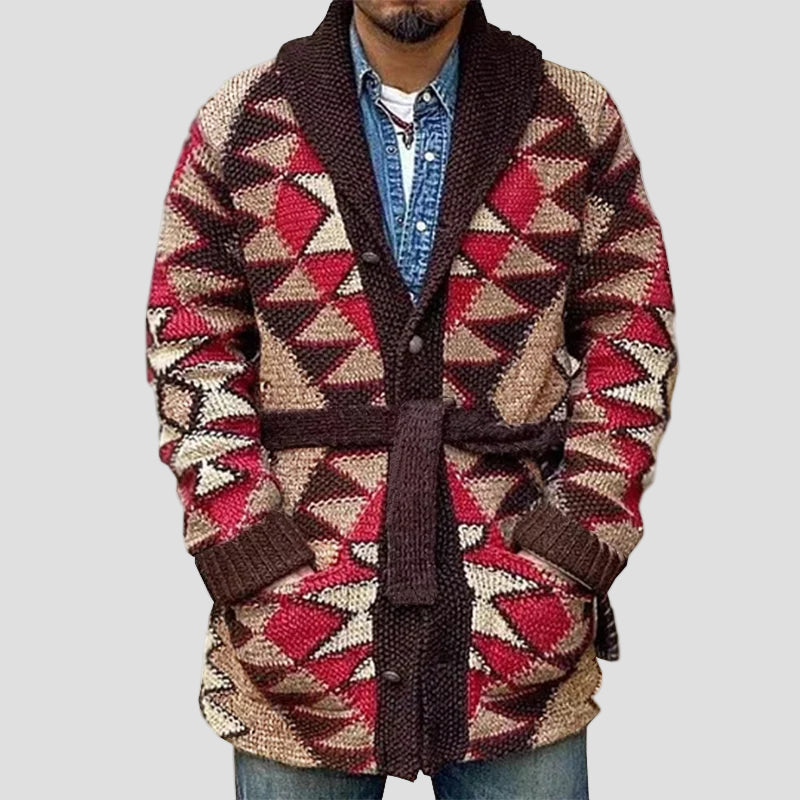 Geometric Jacquard Knitted Cardigan with Drawstring