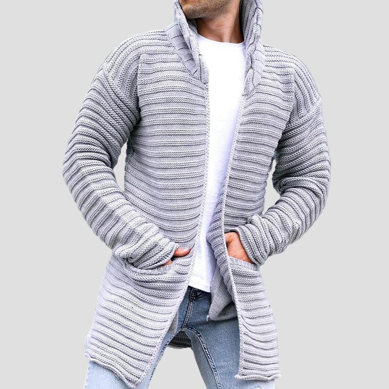 Mid-Length Knitted Cardigan with Stand Collar