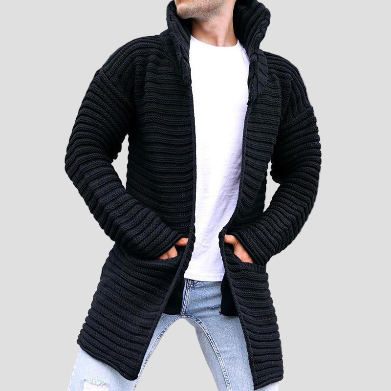 Mid-Length Knitted Cardigan with Stand Collar