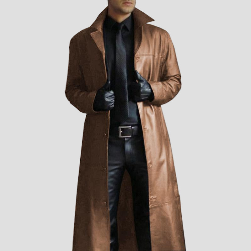 Vintage Solid-Colour Leather Trench Coat with Collar