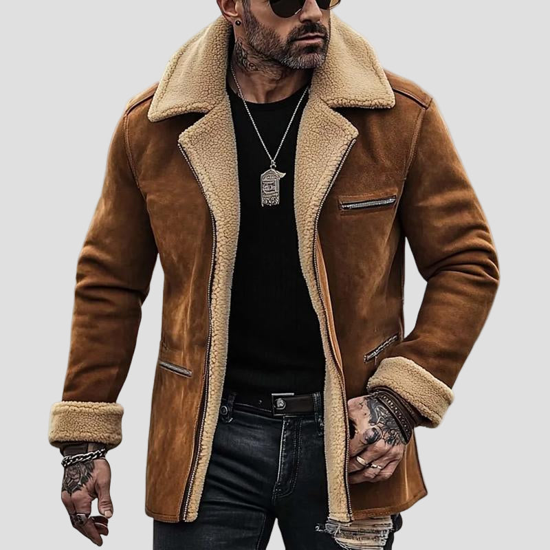 Men’s Suede Coat with Collar and Pockets