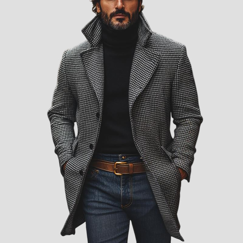Mid-Length Classic Houndstooth Coat with Collar and Buttons