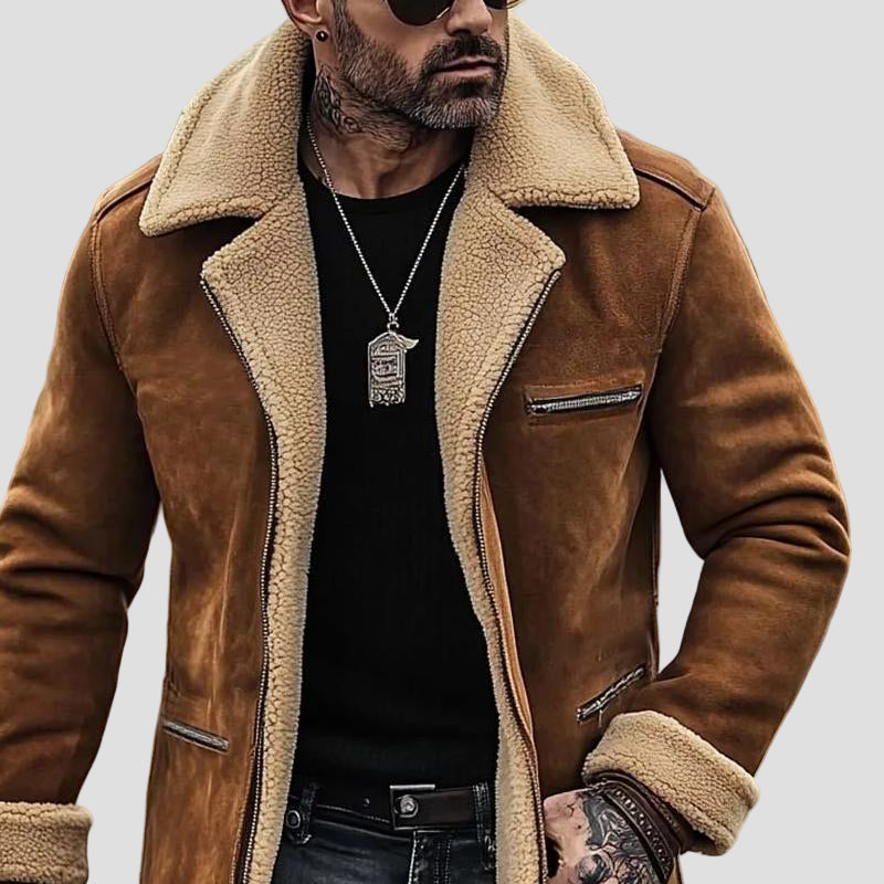 Men’s Suede Coat with Collar and Pockets