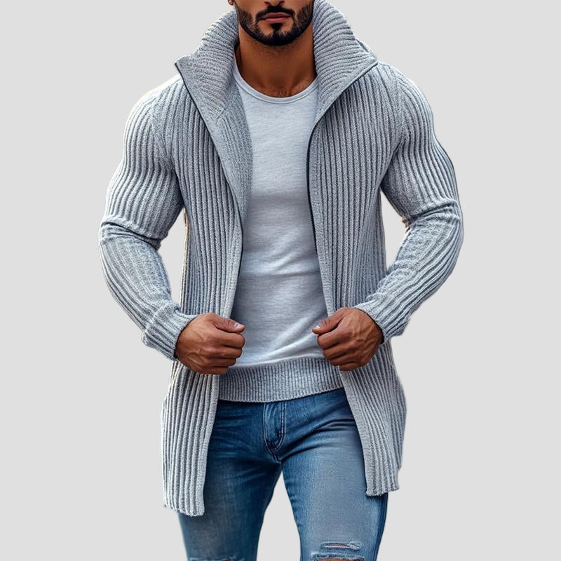 Knitted Cardigan with Ribbed Stand Collar