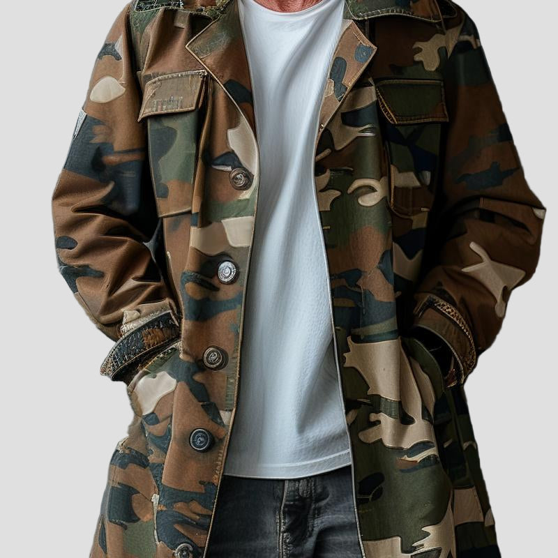 Men’s Camouflage Trench Coat with Chest Pocket